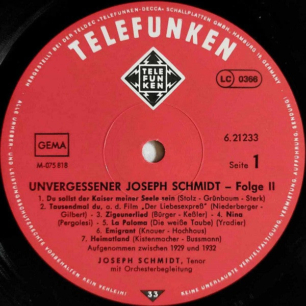 Joseph Schmidt : Unvergessener Joseph Schmidt (2) (LP, Comp, Mono, RE)
