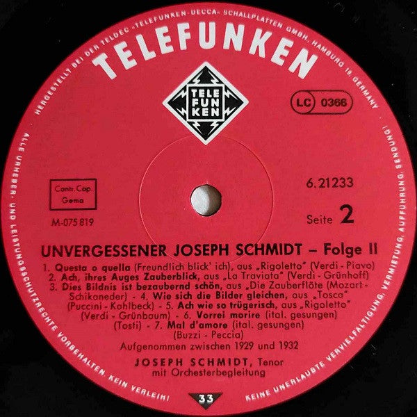 Joseph Schmidt : Unvergessener Joseph Schmidt (2) (LP, Comp, Mono, RE)