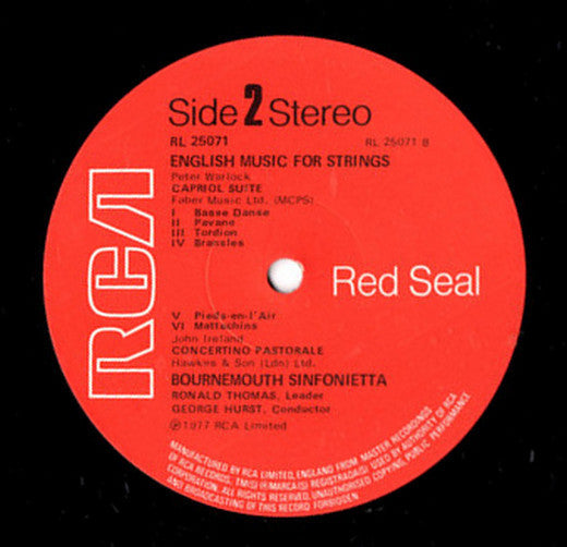 Bournemouth Sinfonietta Conducted By George Hurst : English Music For Strings (LP)