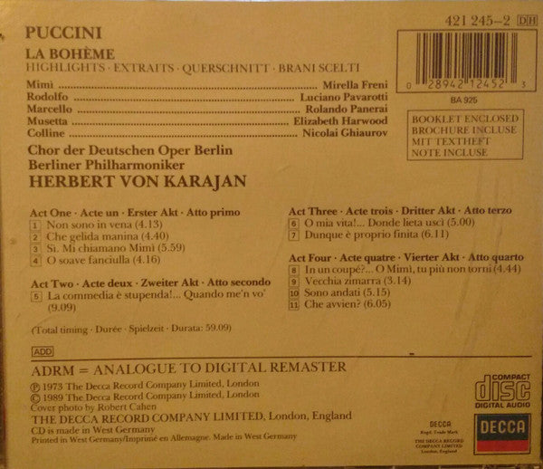 Puccini*, Orchester Der Deutschen Oper Berlin, Berliner Philharmoniker, Herbert von Karajan : La Bohème - Highlights (CD, RM)