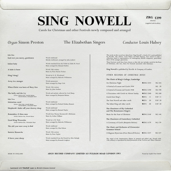 The Elizabethan Singers, Simon Preston, Louis Halsey : Sing Nowell (Carols For Christmas And Other Festivals) (LP)