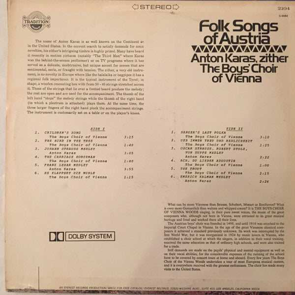Anton Karas, The Boys' Choir Of Vienna (Woods)* : Folk Songs Of Austria (LP)