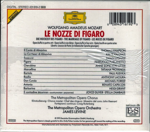 Wolfgang Amadeus Mozart - Ferruccio Furlanetto • Dawn Upshaw • Kiri Te Kanawa • Thomas Hampson • Anne Sofie Von Otter • Tatiana Troyanos • Metropolitan Opera Chorus And The Metropolitan Opera House Orchestra • James Levine (2) : Le Nozze Di Figaro (3xCD, Album, Sli)