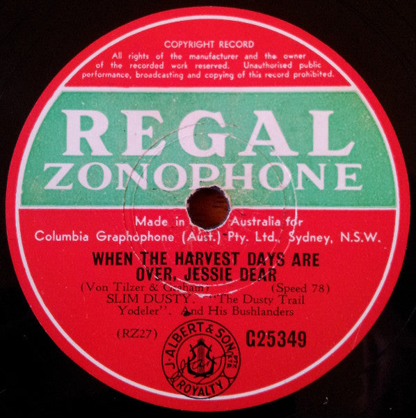 Slim Dusty And His Bushlanders : When The Harvest Days Are Over, Jessie Dear / When The Sun Goes Down Out Back (Shellac, 10", Single)