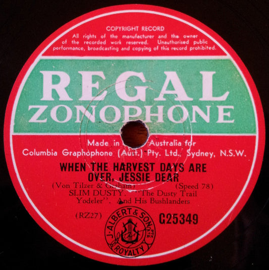 Slim Dusty And His Bushlanders : When The Harvest Days Are Over, Jessie Dear / When The Sun Goes Down Out Back (Shellac, 10", Single)