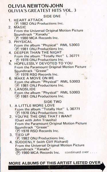 Olivia Newton-John : Olivia's Greatest Hits Vol. 3 (Cass, Comp)