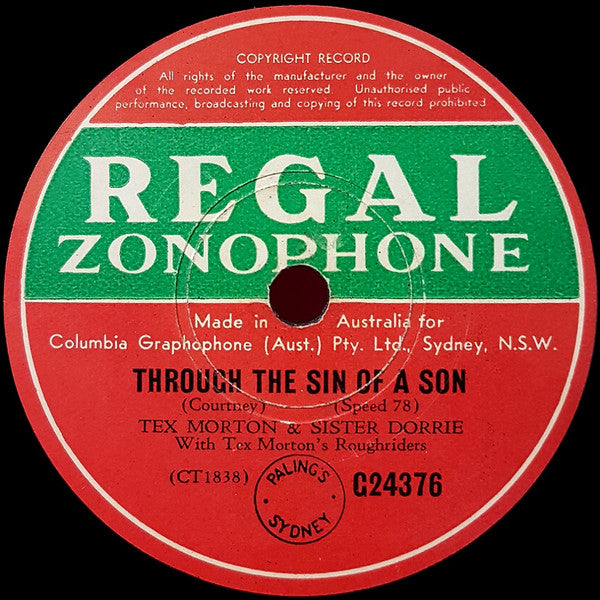 Tex Morton (2) And Sister Dorrie With Tex Morton With His Roughriders : Old Shep / Through The Sin Of A Son (Shellac, 10")