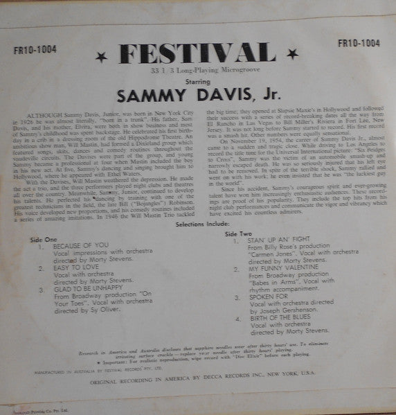 Sammy Davis Jr. : Starring Sammy Davis Jr. (10", Album, Mono)