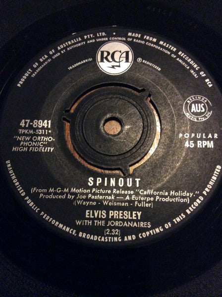 Elvis Presley With The Jordanaires : Spinout / All That I Am (7", Single)
