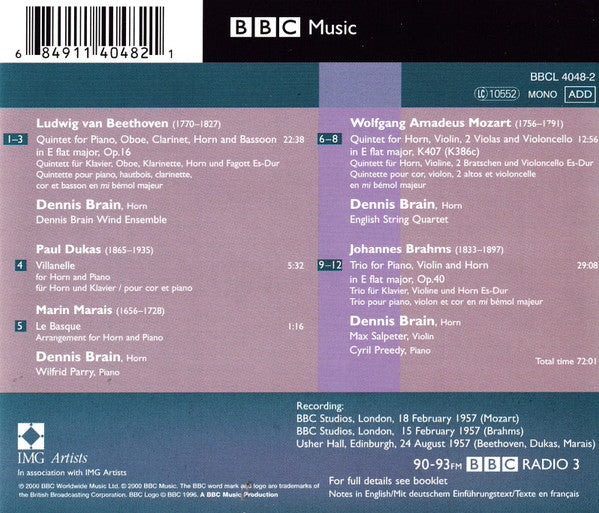 Dennis Brain, Ludwig van Beethoven, Wolfgang Amadeus Mozart, Johannes Brahms, Paul Dukas, Marin Marais : BBC Legends Brain (CD, Comp, RM)