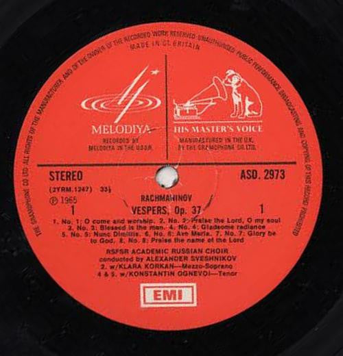 Rachmaninov*, The U.S.S.R. Russian Chorus* ∙ Aleksander Sveshnikov* : Vespers (LP, Fir)