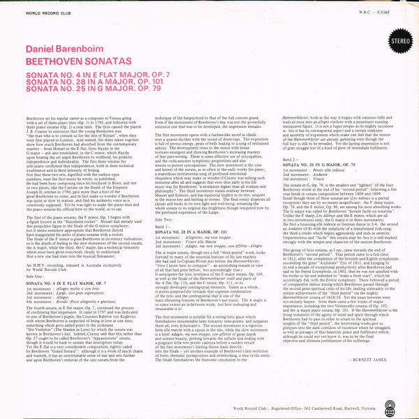 Ludwig van Beethoven, Daniel Barenboim : Piano Sonatas No. 4 In E Flat Major, Op. 7; No. 28 In A Major, Op. 101; No. 25 In G Major, Op. 79 (LP, Album, Club)