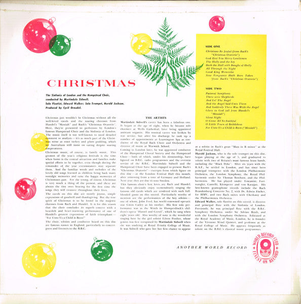 Sinfonia Of London And The Hampstead Parish Church Choir Conducted By Martindale Sidwell : Christmas: A Festival Of Yuletide Carols And Choruses (LP, Album, Mono, Club, RE)