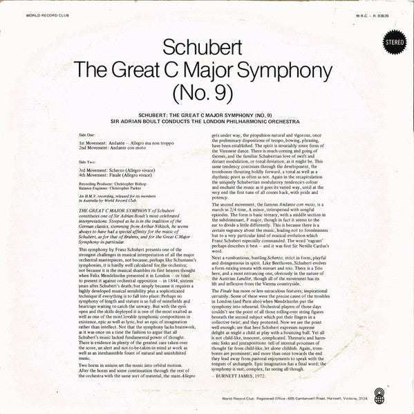 Franz Schubert, Sir Adrian Boult Conducts The London Philharmonic Orchestra : The Great C Major Symphony (No. 9) (LP, Album, Club, RE)