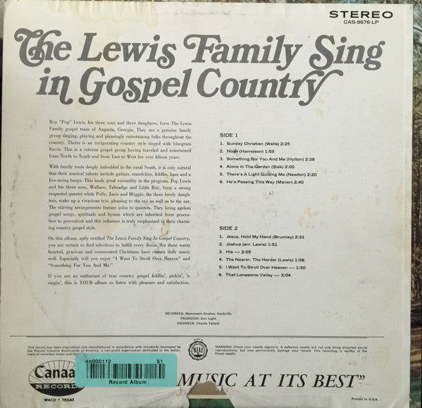 The Lewis Family : Sing In Gospel Country (LP, Album)