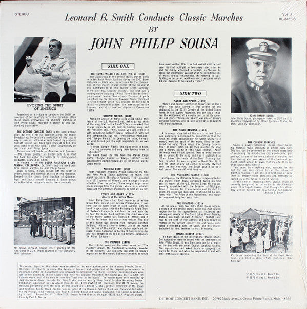 John Philip Sousa, Leonard B. Smith Conducts The Detroit Concert Band : Sousa American Bicentennial Collection Vol 3: Classic Marches (LP, Album)