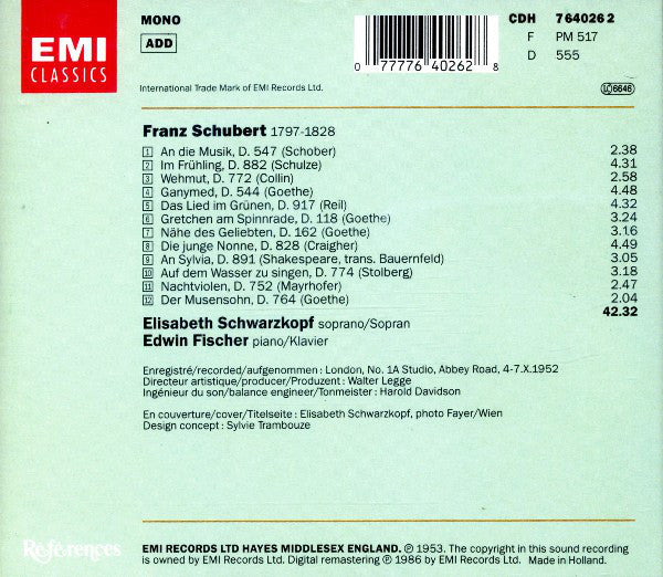 Schubert* - Elisabeth Schwarzkopf, Edwin Fischer : Lieder (CD, Album, Mono, RE, RM)