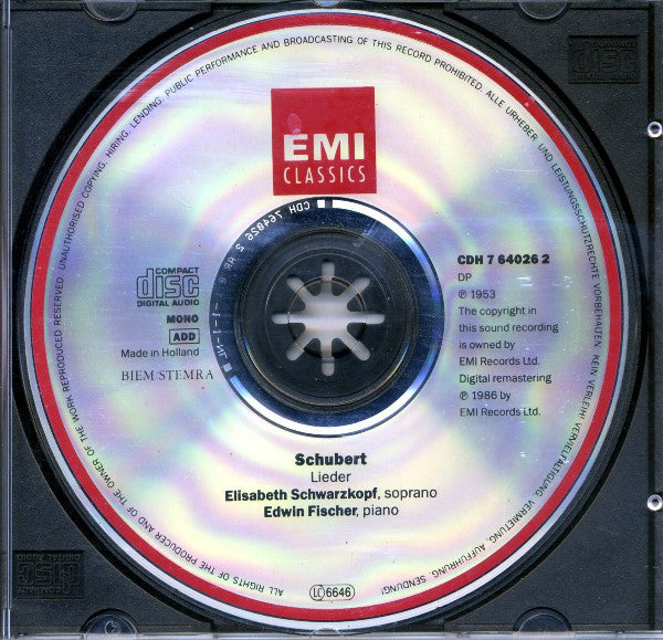 Schubert* - Elisabeth Schwarzkopf, Edwin Fischer : Lieder (CD, Album, Mono, RE, RM)