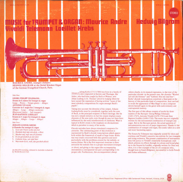 Maurice Andre*, Hedwig Bilgram - Vivaldi*, Telemann*, Loeillet*, Krebs* : Music For Trumpet And Organ (LP, Album, Club)