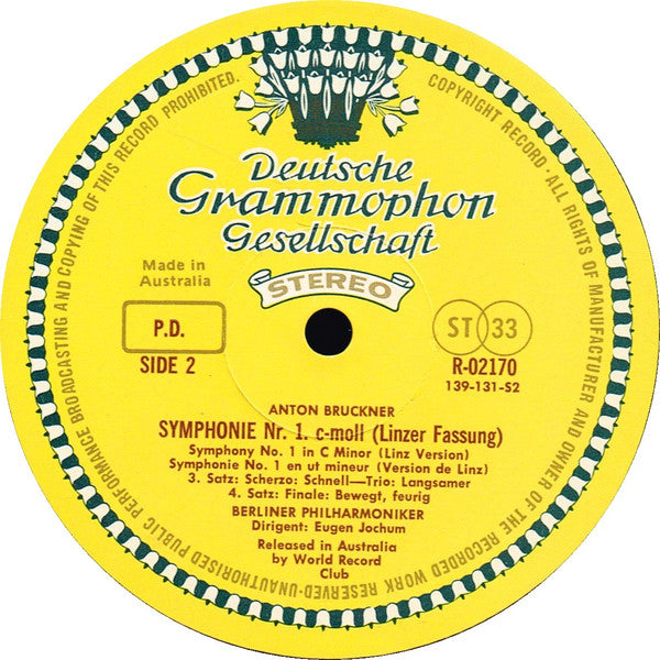 Anton Bruckner •  Eugen Jochum / Berliner Philharmoniker : Symphony Nr. 1 (LP, Album, Club)