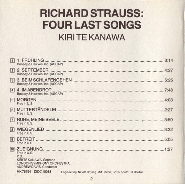 Kiri Te Kanawa, Strauss*, Andrew Davis, London Symphony Orchestra : Four Last Songs / Orchestral Songs (CD, RE, CBS)