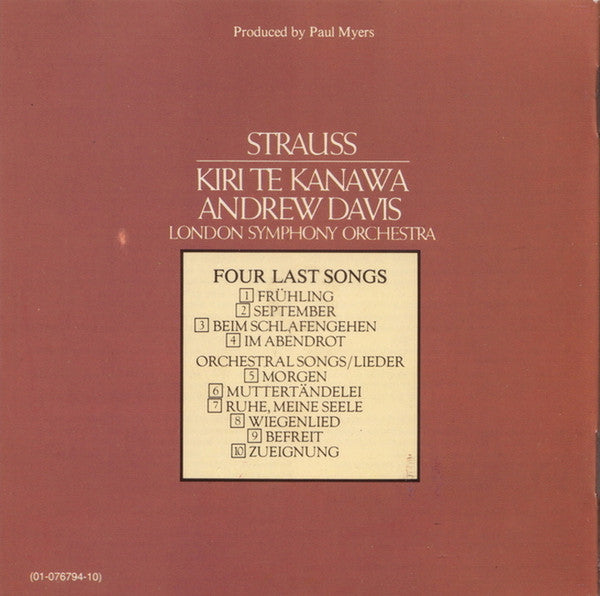 Kiri Te Kanawa, Strauss*, Andrew Davis, London Symphony Orchestra : Four Last Songs / Orchestral Songs (CD, RE, CBS)