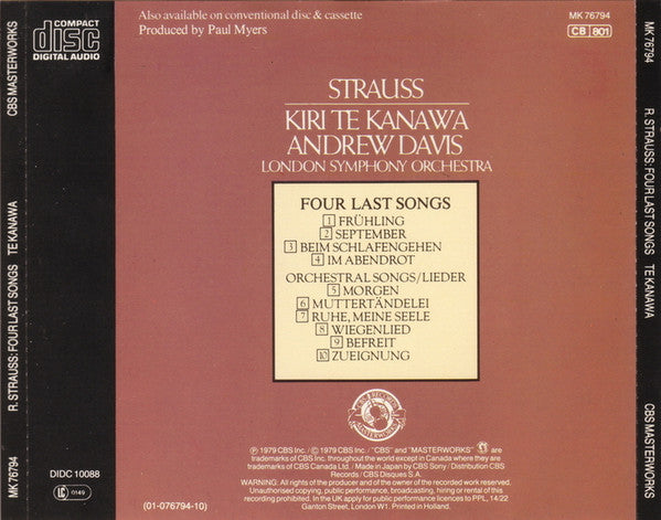Kiri Te Kanawa, Strauss*, Andrew Davis, London Symphony Orchestra : Four Last Songs / Orchestral Songs (CD, RE, CBS)