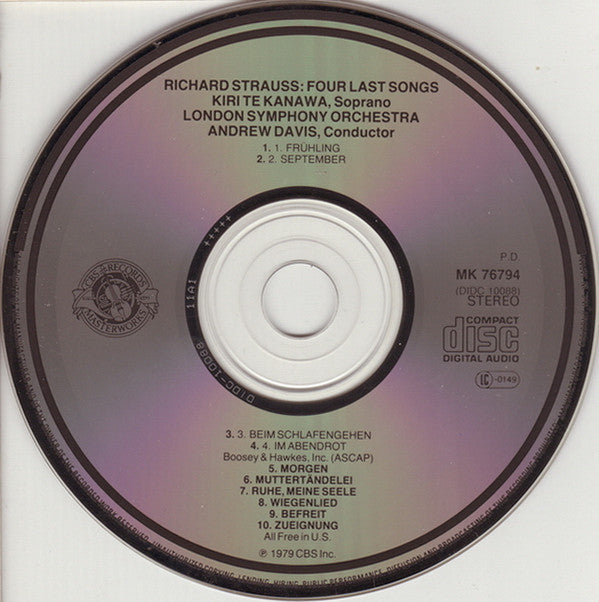 Kiri Te Kanawa, Strauss*, Andrew Davis, London Symphony Orchestra : Four Last Songs / Orchestral Songs (CD, RE, CBS)