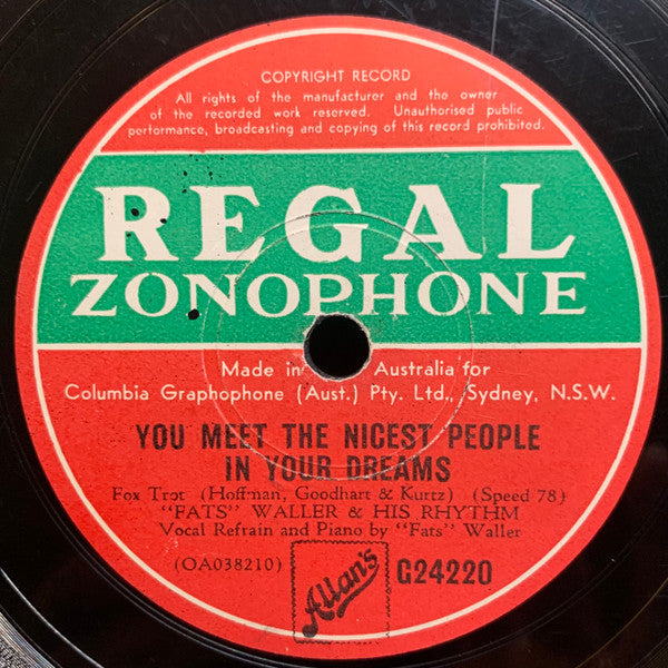 "Fats" Waller & His Rhythm* : You Meet The Nicest People In Your Dreams / Honey Hush (Shellac, 10", RP)