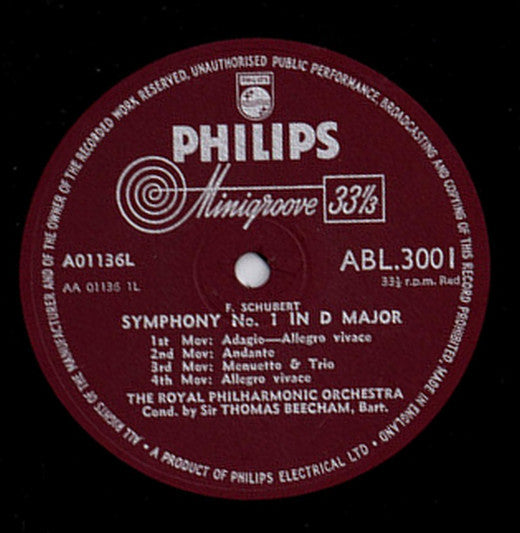 Sir Thomas Beecham Conductor Royal Philharmonic Orchestra / Franz Schubert : Symphony No. 1 In D Major, Symphony No. 2 In B-Flat Major (LP)