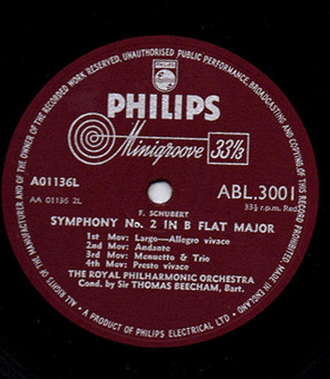 Sir Thomas Beecham Conductor Royal Philharmonic Orchestra / Franz Schubert : Symphony No. 1 In D Major, Symphony No. 2 In B-Flat Major (LP)