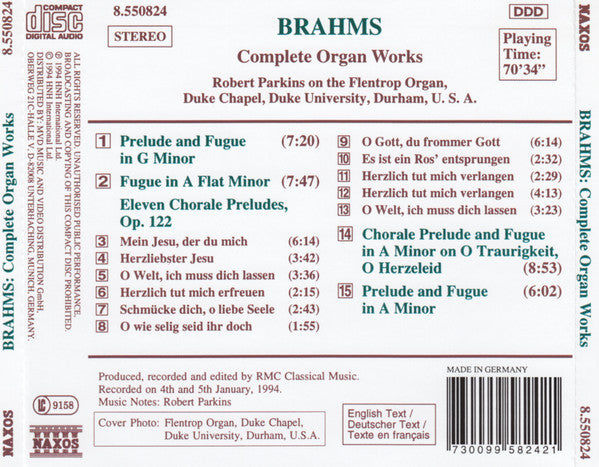 Brahms* - Robert Parkins : Complete Organ Works (CD, Album)