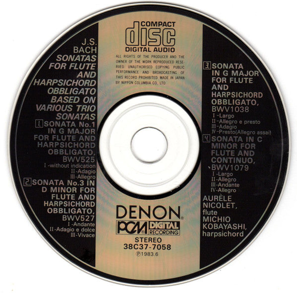 Johann Sebastian Bach : Aurèle Nicolet, Michio Kobayashi : Sonatas For Flute And Harpsichord Obbligato, Based On Various Trio Sonatas = フルート・ソナタ集（トリオ・ソナタを原曲とした） (CD, Album)