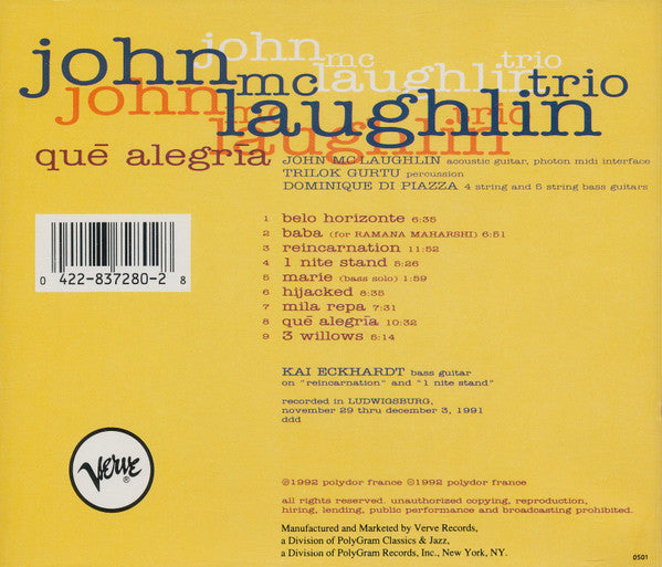 John McLaughlin Trio : Qué Alegría (CD, Album)