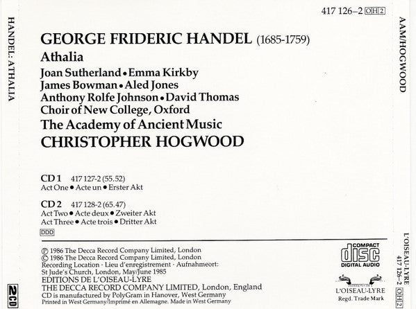 Georg Friedrich Händel - Joan Sutherland · Emma Kirkby · James Bowman (2) · Aled Jones · Anthony Rolfe Johnson · David Thomas (9) · The Academy Of Ancient Music · Christopher Hogwood : Athalia (2xCD, Album + Box, Sli)