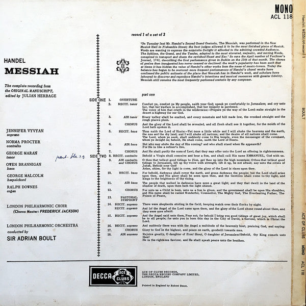 Handel* - Jennifer Vyvyan, Norma Procter, George Maran, Owen Brannigan, London Philharmonic Choir, London Philharmonic Orchestra, Sir Adrian Boult : Messiah Record 1 (LP, Mono)
