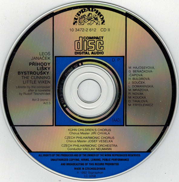 Leoš Janáček / Václav Neumann, Magdaléna Hajóssyová, Gabriela Beňačková, Richard Novák, Kühnův Dětský Sbor, Czech Philharmonic Chorus, The Czech Philharmonic Orchestra : Příhody Lišky Bystroušky. The Cunning Little Vixen. (2xCD + Box)
