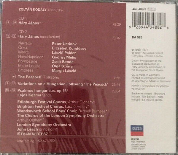 Zoltán Kodály - Peter Ustinov · Erzsébet Komlóssy · Melis György · László Palócz · Bende Zsolt · Olga Szönyi · Margit László · Edinburgh Festival Chorus · London Symphony Orchestra · István Kertész : Háry János · Psalmus Hungaricus · Peacock Variations (2xCD, Comp)