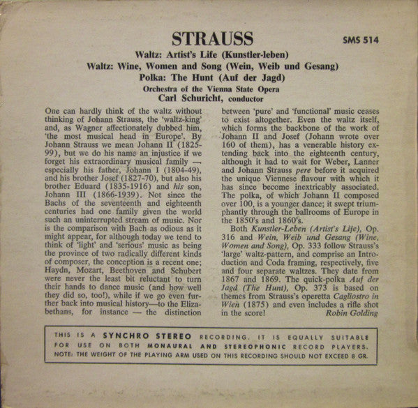 Johann Strauss*, Orchestra Of The Vienna State Opera* Conducted By Carl Schuricht : Strauss (7", EP)