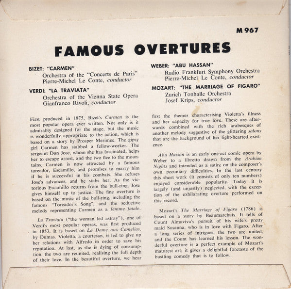 Georges Bizet / Wolfgang Amadeus Mozart / Giuseppe Verdi / Carl Maria von Weber : Famous Overtures (7", EP, Mono)