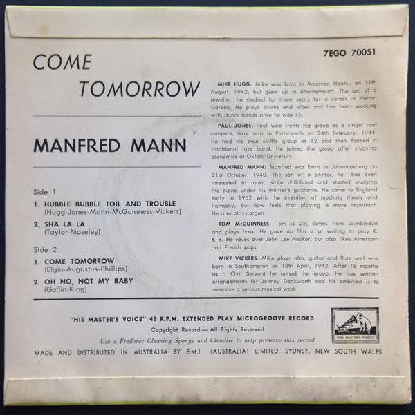 Manfred Mann : Come Tomorrow (7", EP)