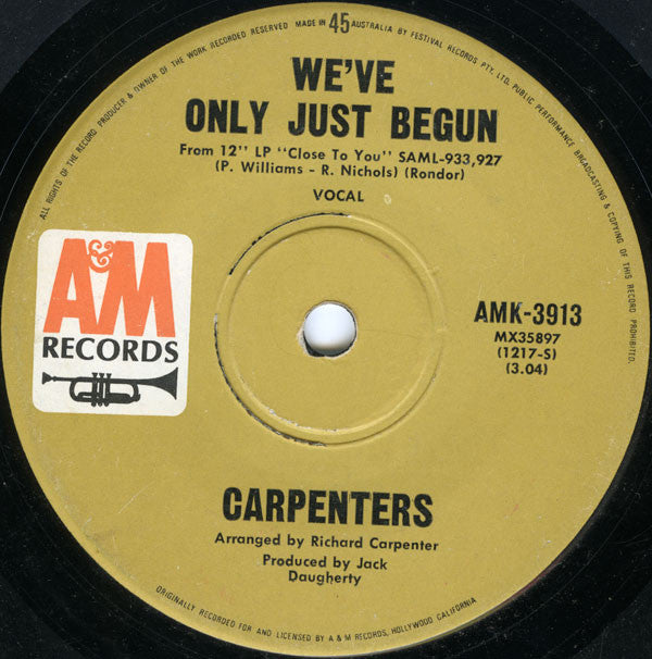 Carpenters : We've Only Just Begun (7", Single)
