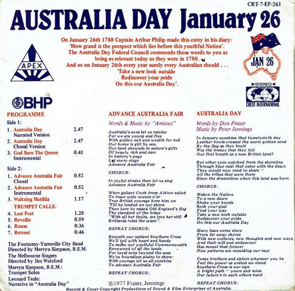 Footscray-Yarraville City Band & Melbourne Singers : Australia Day (7", EP)