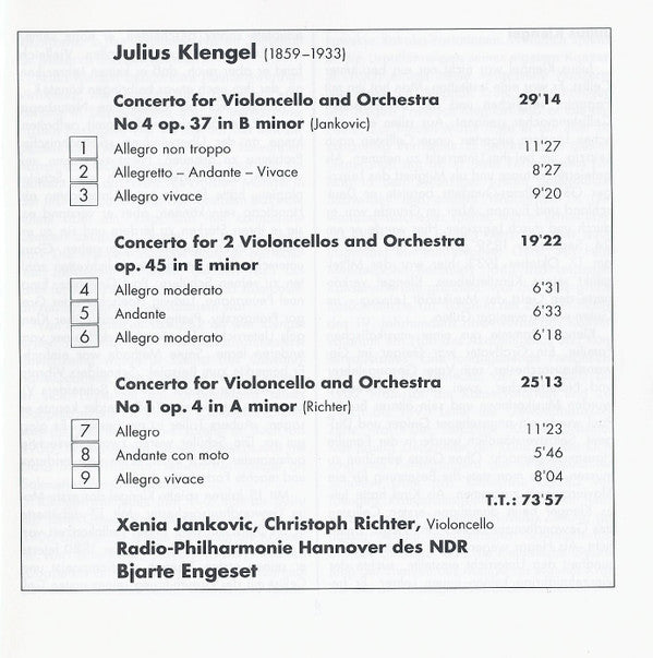 Julius Klengel, Xenia Jankovic, Christoph Richter (2), Radio-Philharmonie Hannover Des NDR, Bjarte Engeset : Cello Concertos (CD, Album)