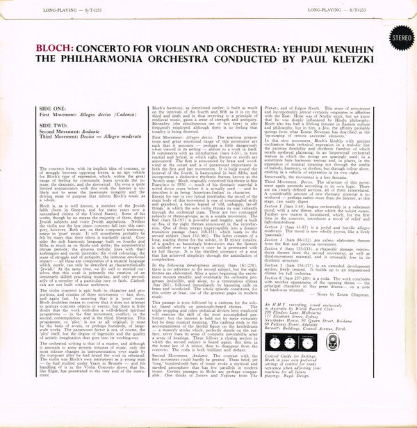 Ernest Bloch : Yehudi Menuhin / Philharmonia Orchestra Conducted By Paul Kletzki : Concerto For Violin And Orchestra (LP, Album, Club)