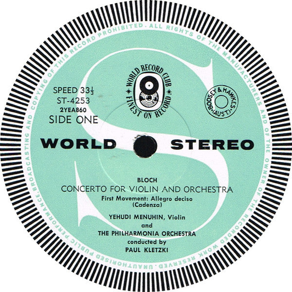 Ernest Bloch : Yehudi Menuhin / Philharmonia Orchestra Conducted By Paul Kletzki : Concerto For Violin And Orchestra (LP, Album, Club)