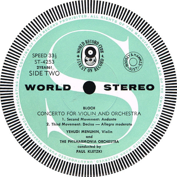 Ernest Bloch : Yehudi Menuhin / Philharmonia Orchestra Conducted By Paul Kletzki : Concerto For Violin And Orchestra (LP, Album, Club)