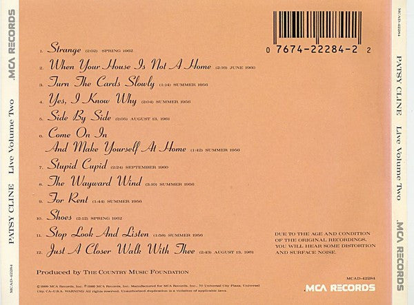 Patsy Cline : Live Volume Two (CD, Album, RM)