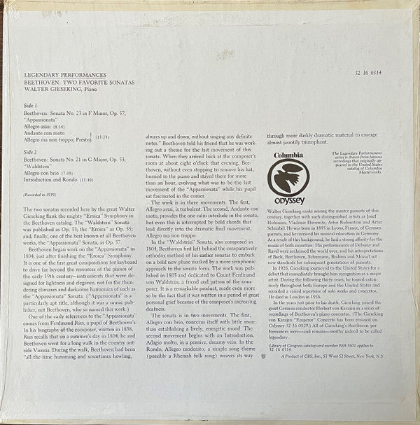 Ludwig van Beethoven - Walter Gieseking : Two Favorite Sonatas: Appassionata • Waldstein (LP, RM)