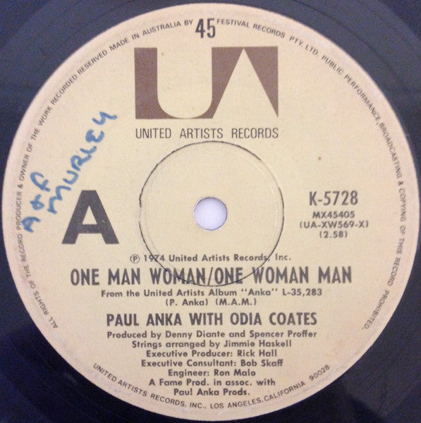 Paul Anka , With Odia Coates : One Man Woman / One Woman Man (7", Single)